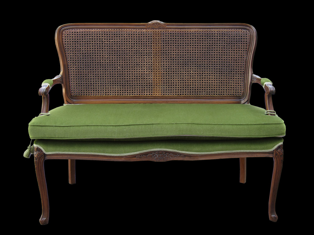 イタリア ルイ15世様式ケインバックソファ グリーンモケット張り イタリア ルイ15世様式ケインバックソファ グリーンモケット張り
